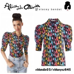 Alice + Olivia Willa Scrunched Puff Sleeve Placket Top Stace Squad print XS